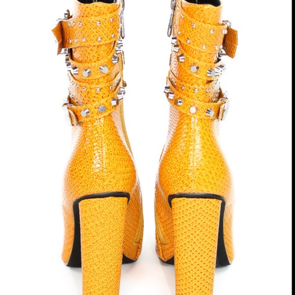 Mustard color snake embossed boot with ankle straps and buckles. - Picture 3 of 3